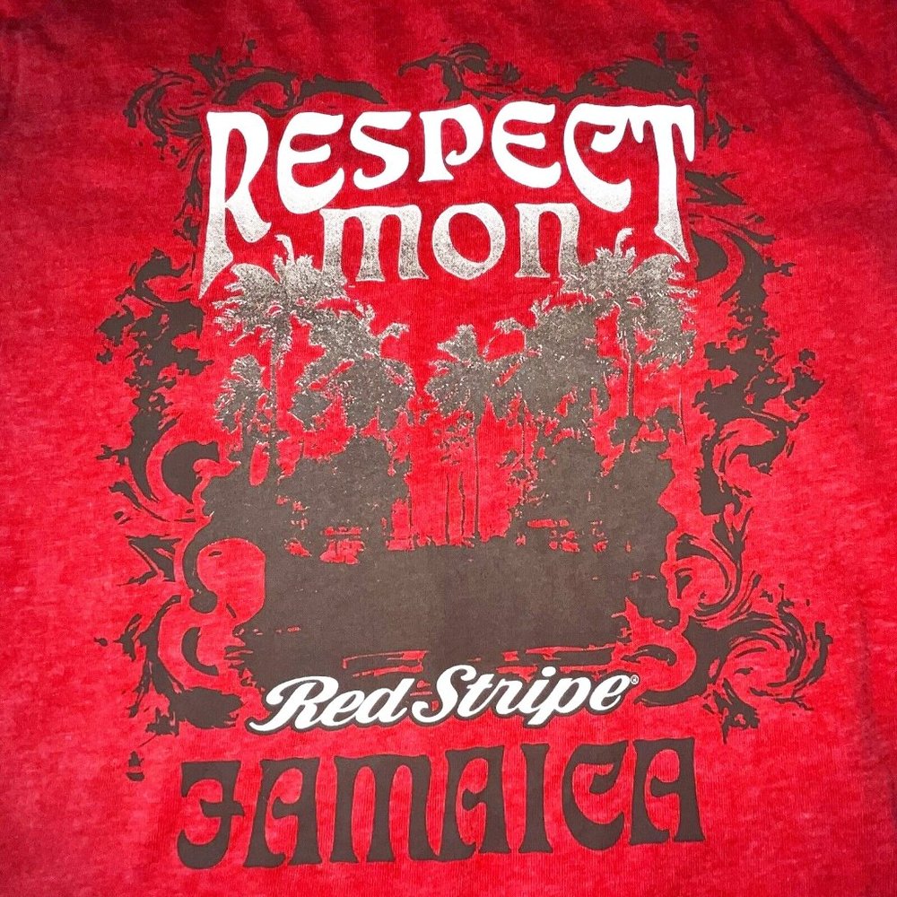 Men's RED STRIPE Size Medium Red Short Sleeve T Shirt RESPECT MON JAMAICA